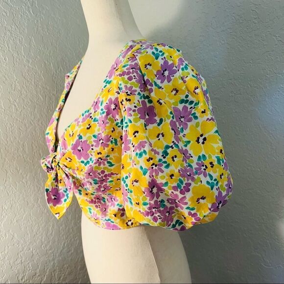 River Island Floral Print Puff Sleeve Crop Top, Yellow/Purple, Small/Size 4, NWT - Picture 9 of 15